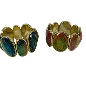 Lot of 2 Faux Fire Oval Paneled Bracelets Acrylic Stretch Multicolor 1" Wide
